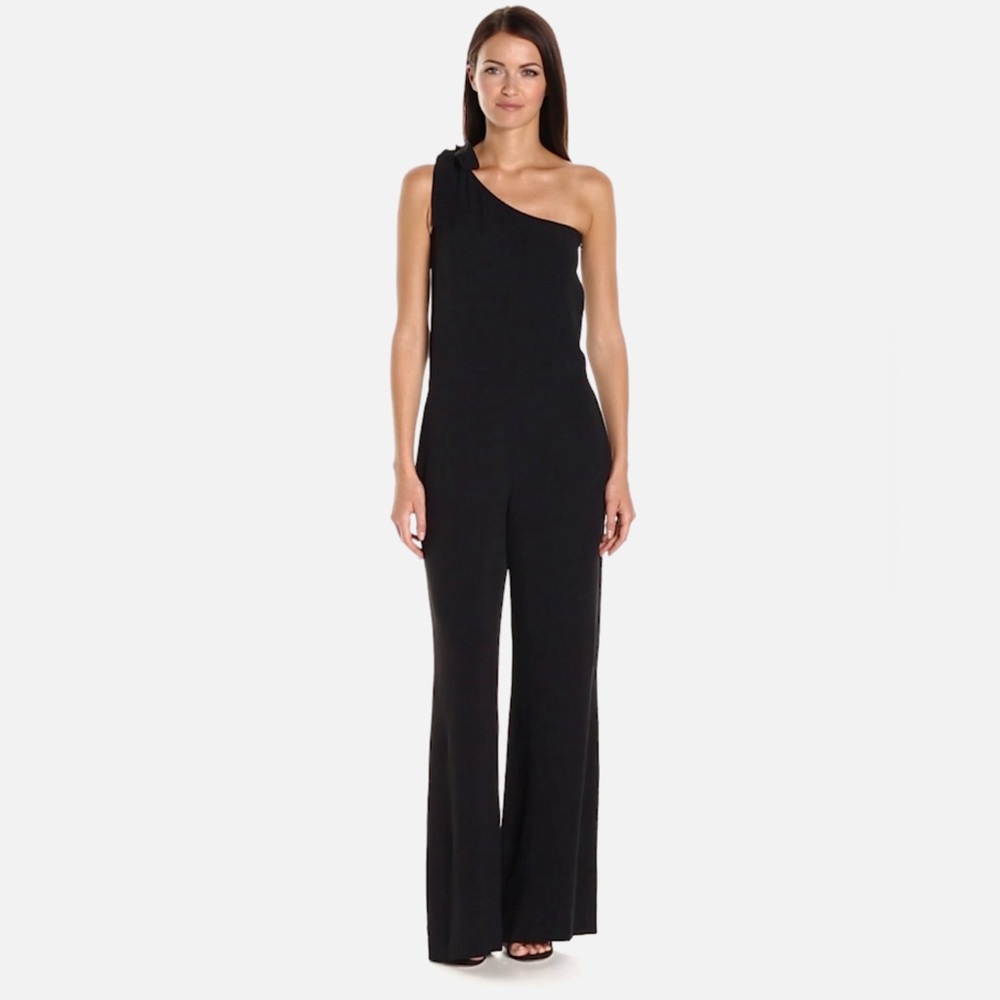 Theory black jumpsuit one-shoulder bow